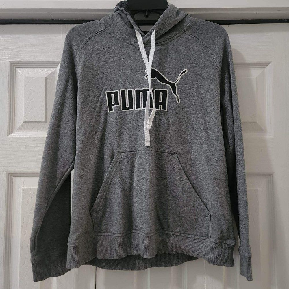 Puma Women Gray Big Logo Long Sleeve Pullover Kangaroo Pocket Hoodie Siz…